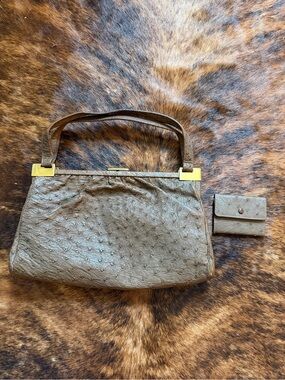 Vintage 50s Genuine Ostrich Leather Top Handle Frame Bag with Coin Purse